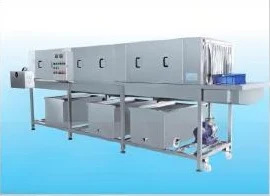 Anbang catalog image of an enclosed crate washer with a conveyor, control panel and lower tanks on a blue background